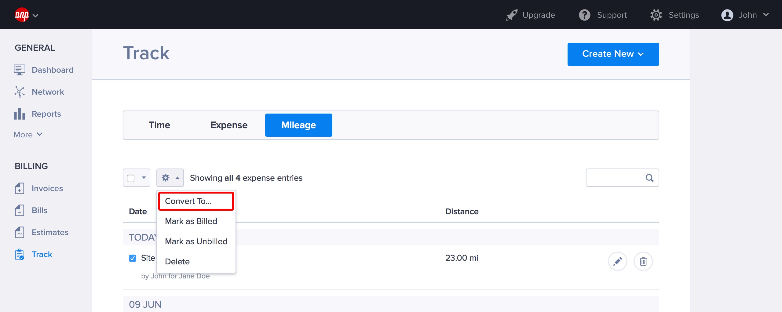 Options for mileage entries